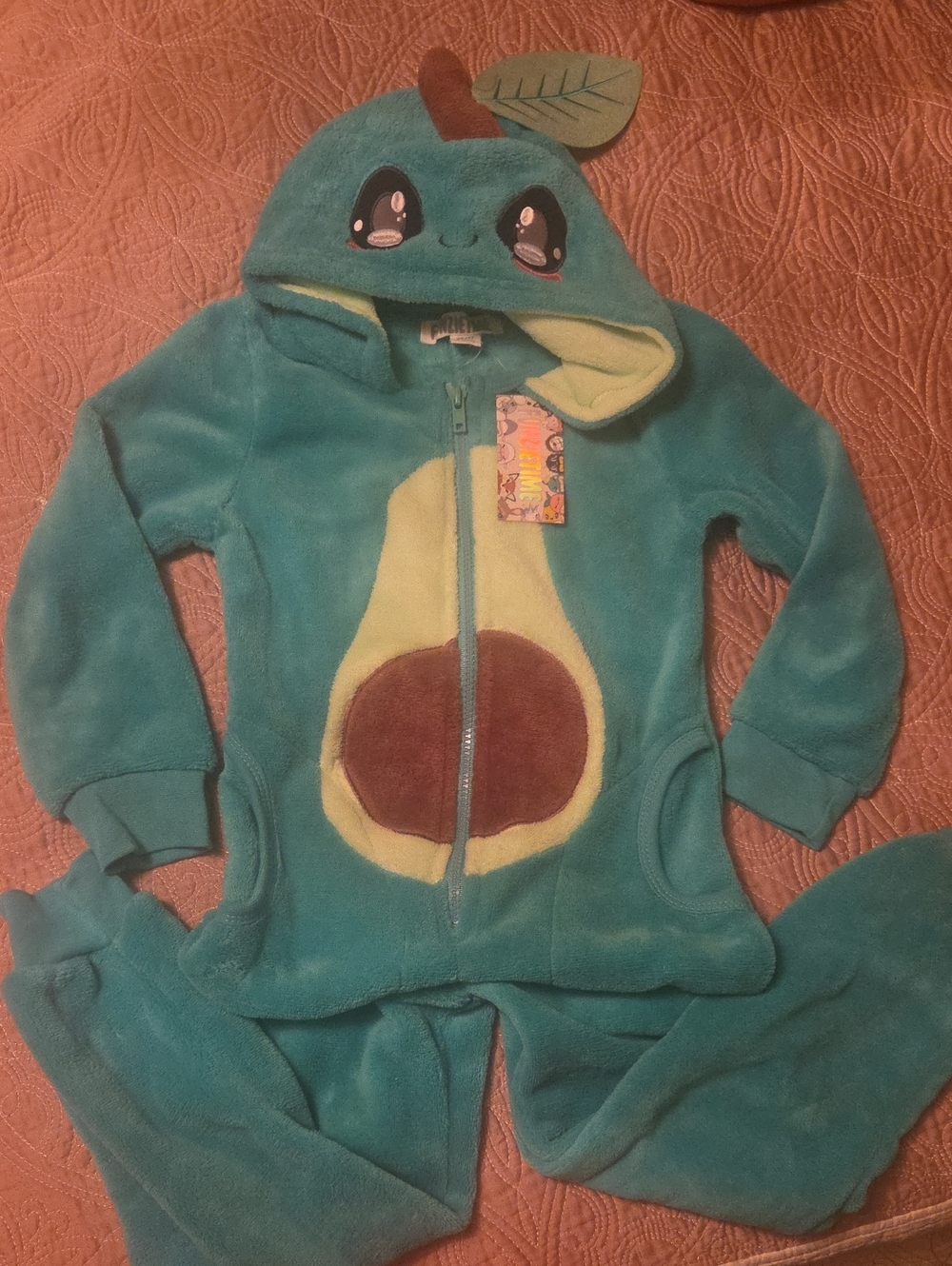 Kids Teal Avocado One-Piece Hooded Onesie Costume - Zip Front - Halloween Fun!